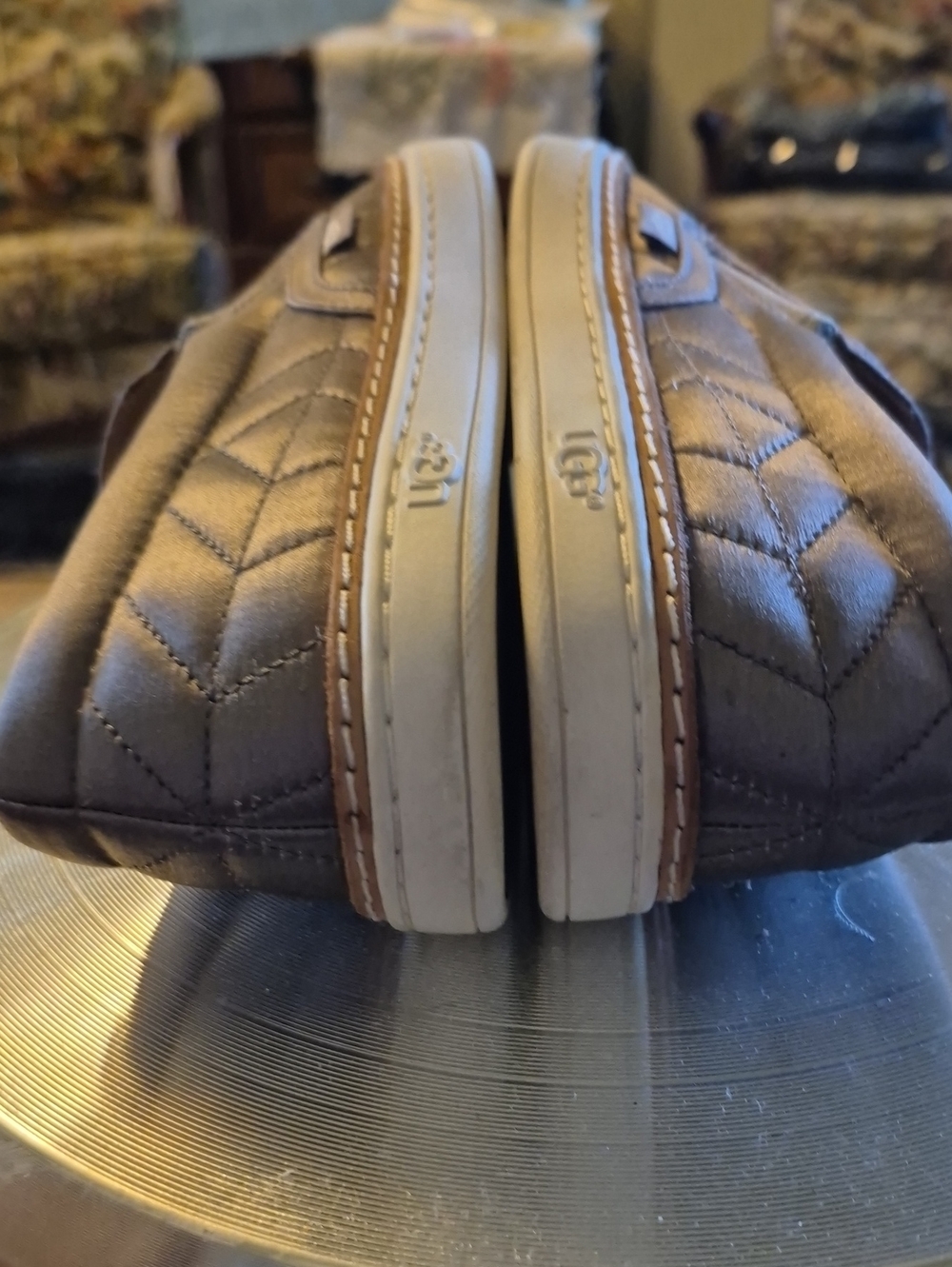 UGG "Soleda": Satin quilted slip-on sneakers. , Silver Grey color.EC(#1856S) - Picture 15 of 16